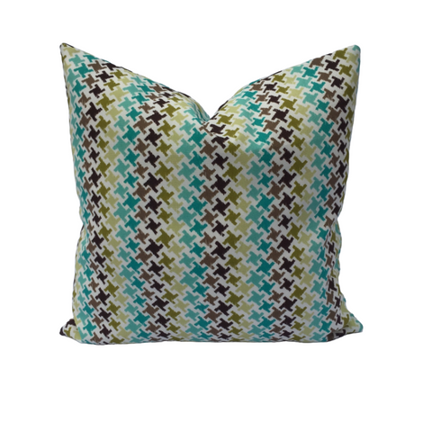 yellow blue green and brown geometric patterned throw pillow available in different sizes